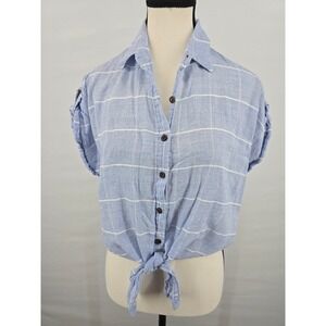 Love Notes Womens Blue White Plaid Tie Front Button Up Short Sleeve Shirt Size M